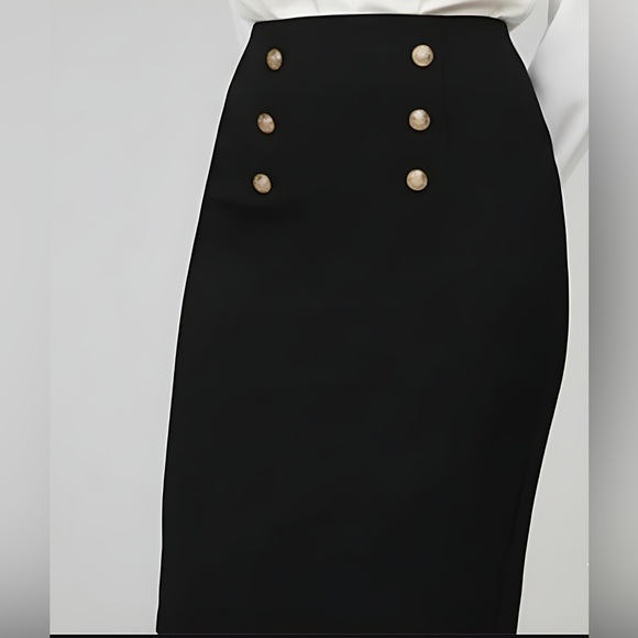 Black Gold Double Button Pencil Skirt - Picture 3 of 8